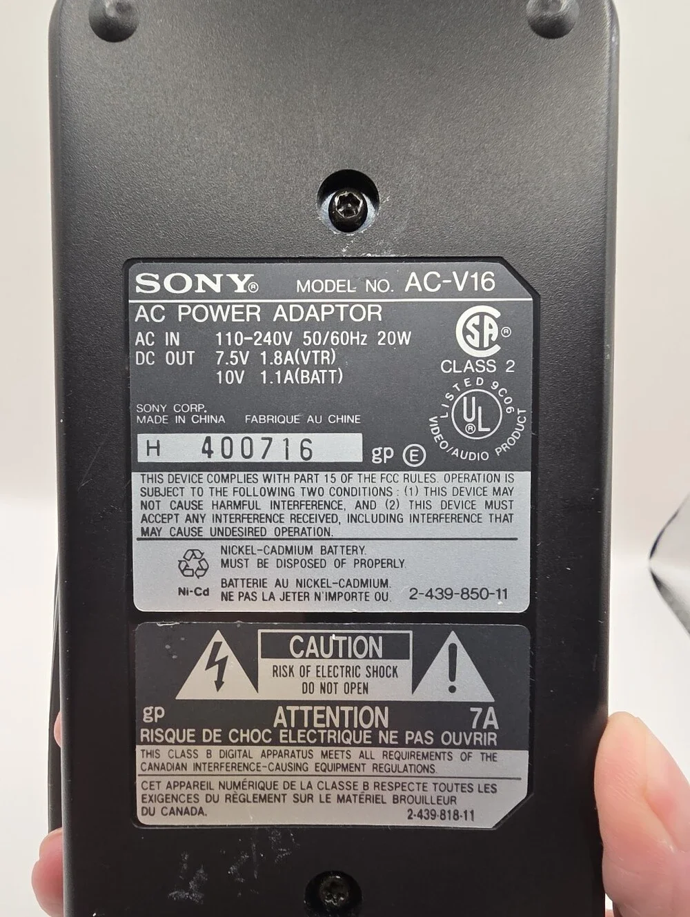 Sony AC-V16A Charger/Power Adapter For Handycam Camcorder